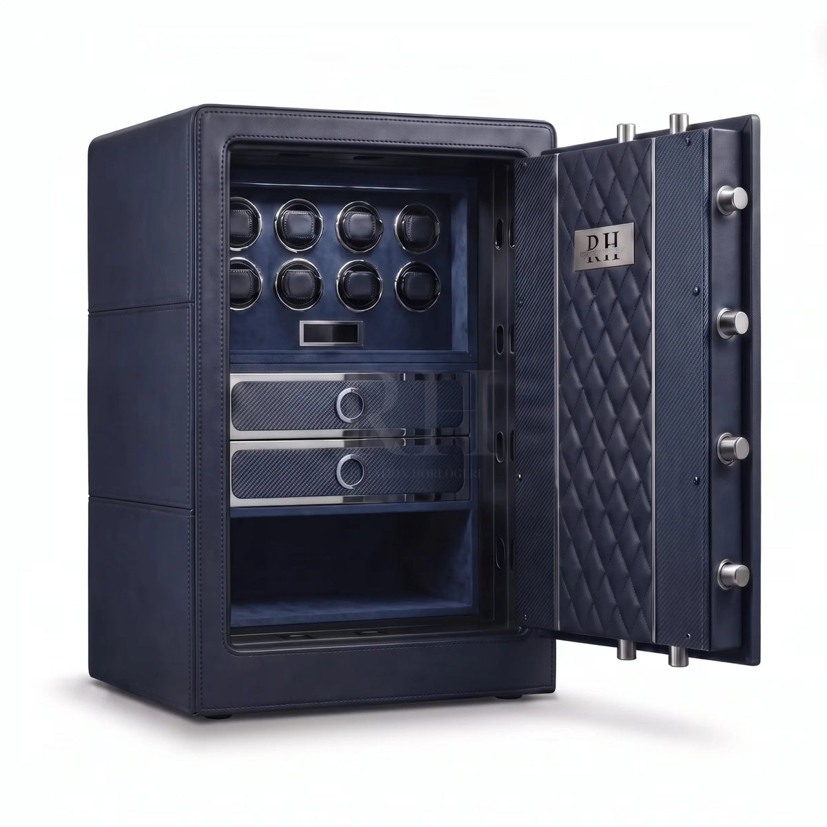 Bellagio™ – Coffre-fort avec Remontoirs pour 8 Montres - Carbone & Cuir Bleu | Rotation Horlogère