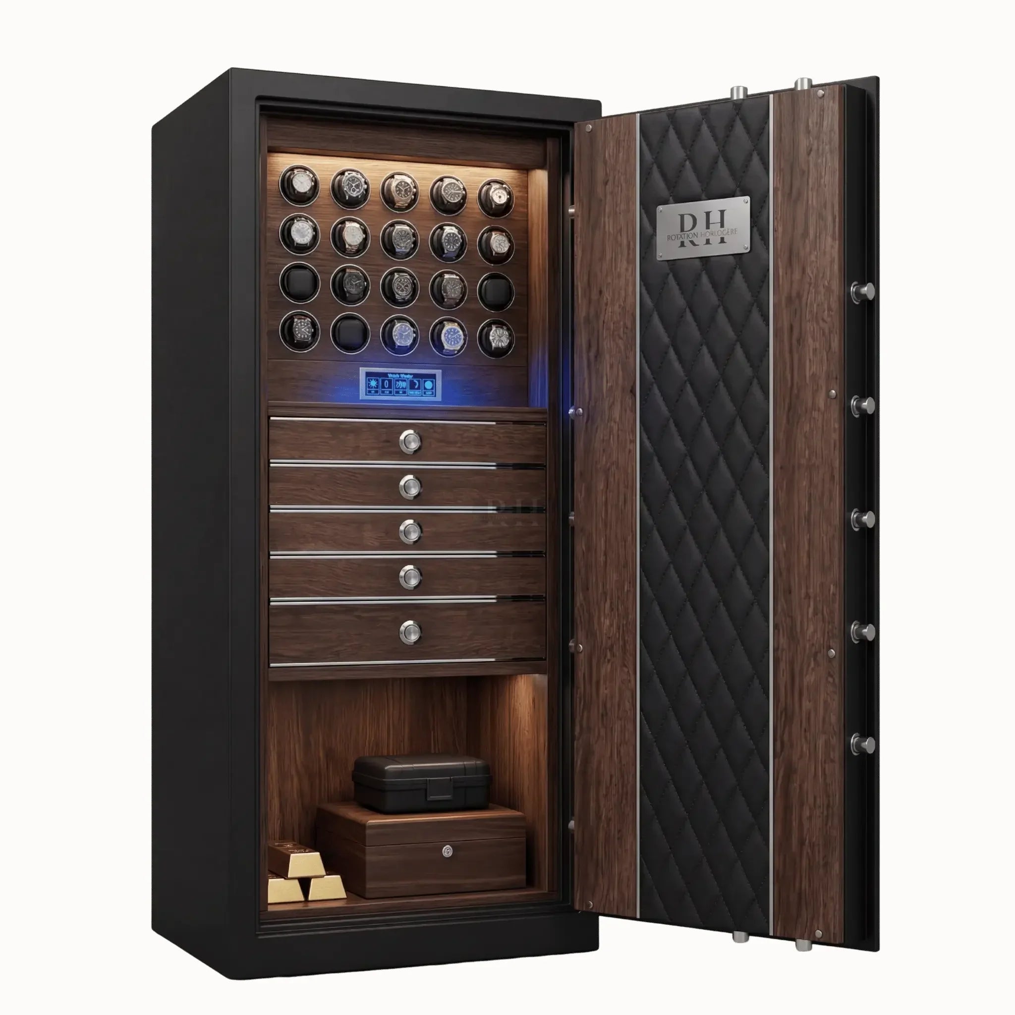 Bellagio Max™ – Coffre-fort avec Remontoirs pour 20 Montres - Noyer | Rotation Horlogère
