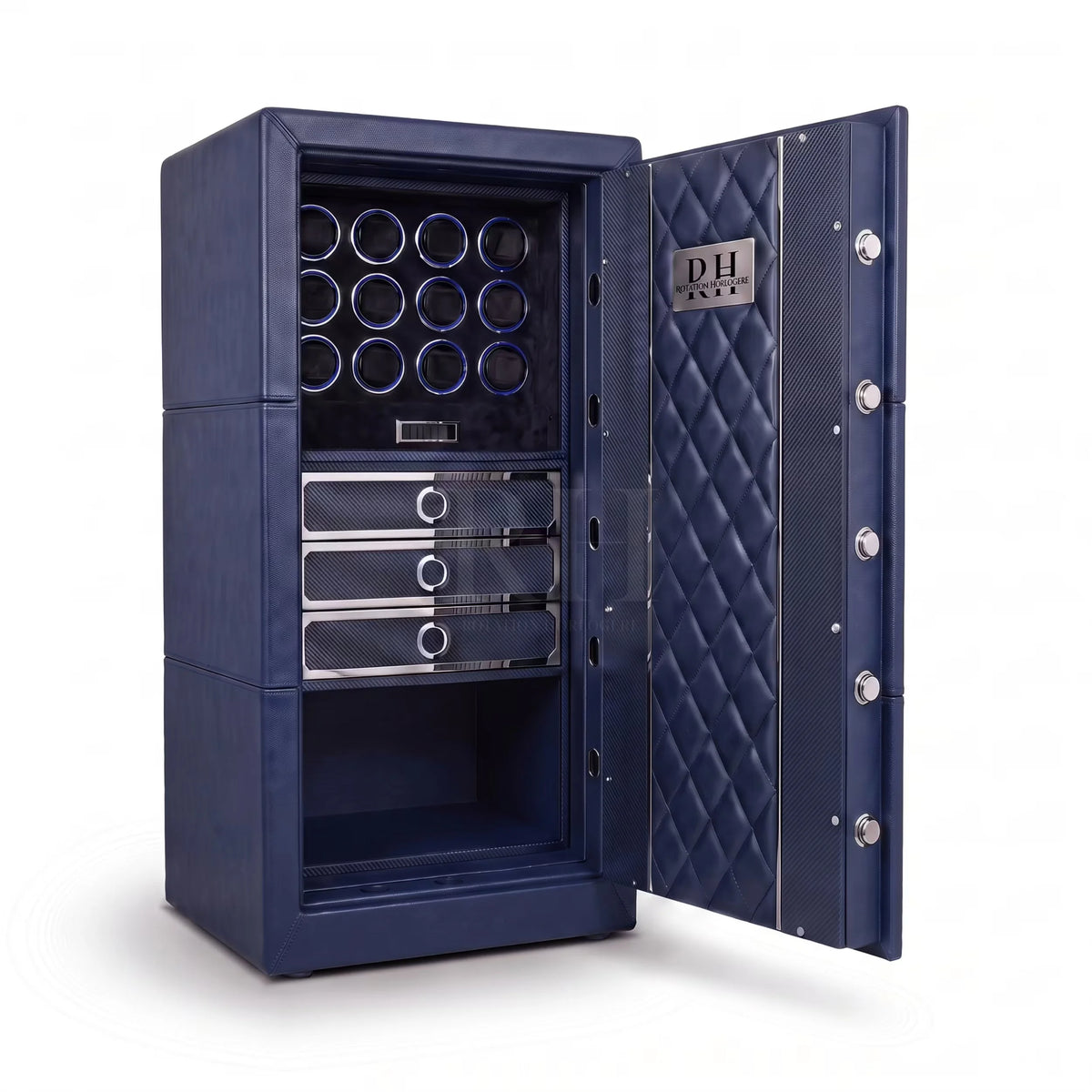 Bellagio Pro™ – Coffre-fort avec Remontoirs pour 12 Montres - Carbone & Cuir Bleu | Rotation Horlogère