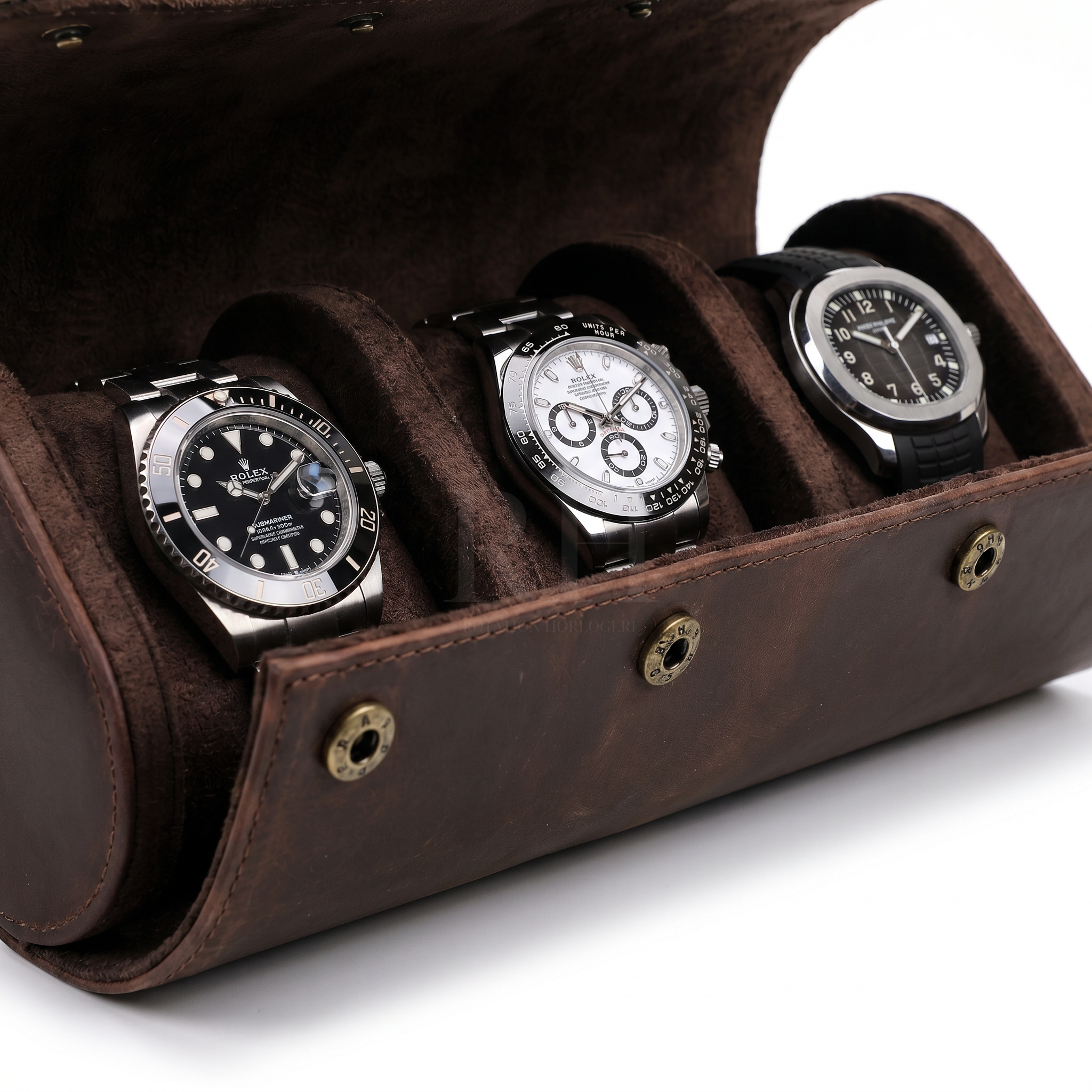Boite à Montre de Voyage en Cuir Pleine Fleur Marron – Aléria™ 3 Montres - Rotation Horlogère