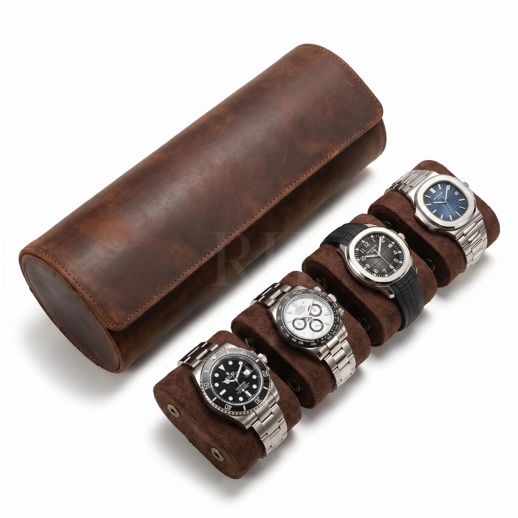 Boite à Montre de Voyage en Cuir Pleine Fleur Marron – Aléria™ 4 Montres - Rotation Horlogère