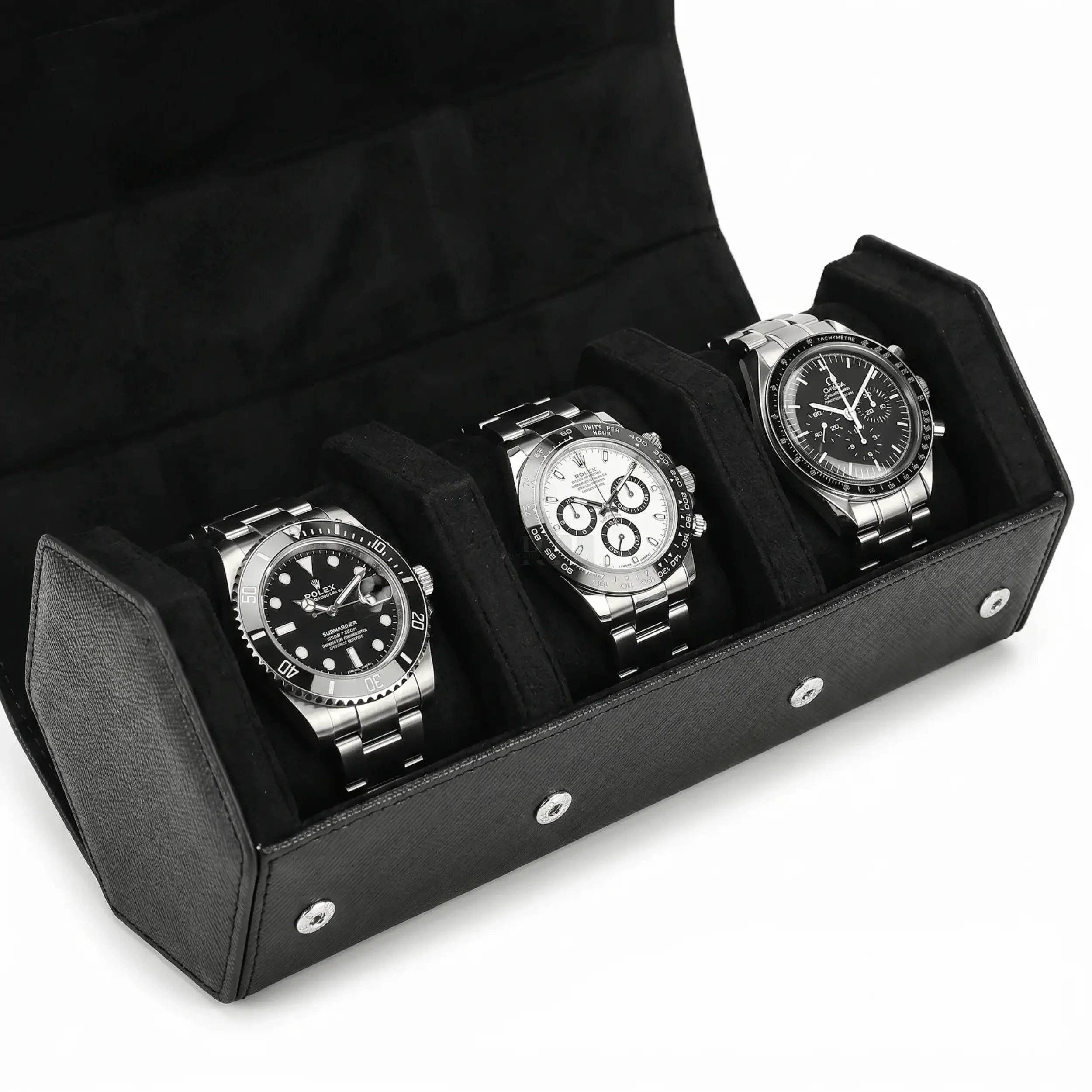 Boîte à Montre en Cuir Milano™, Saffiano Noir pour 3 Montres - Rotation Horlogère