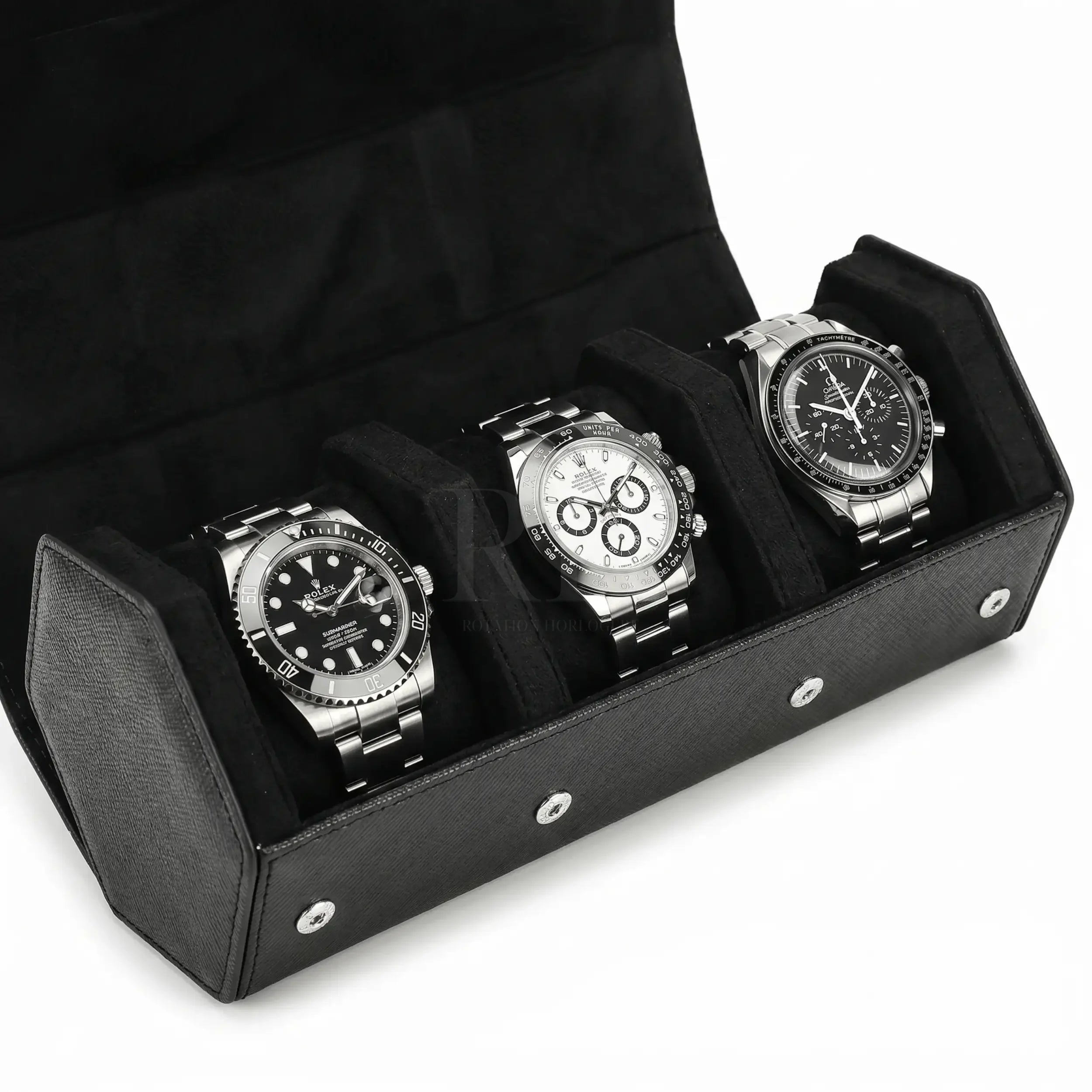 Boîte à Montre en Cuir Milano™, Saffiano Noir pour 3 Montres - Rotation Horlogère