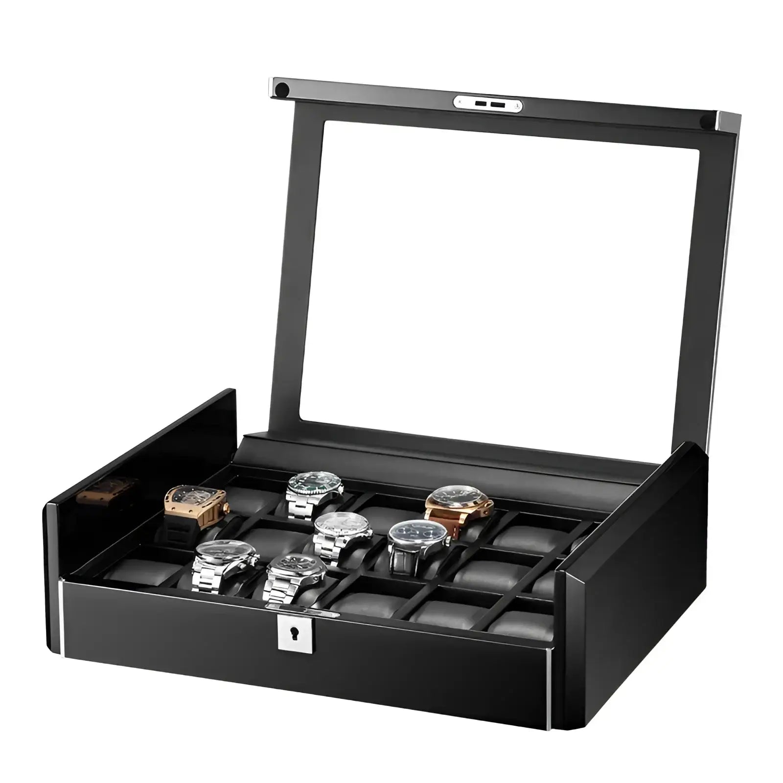 Boite à Montre - Obsidienne Xl 18 Emplacements - Insert Piano Noir Laqué | Rotation Horlogère