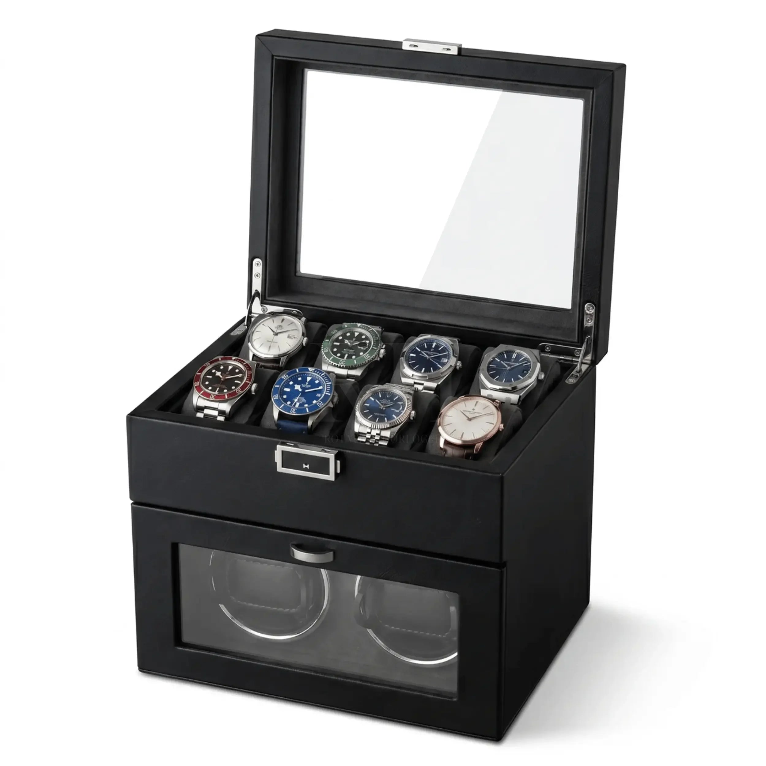 Coffret du Sellier™ - Remontoir 2 Montres Automatiques Noir avec 8 Rangements | Rotation Horlogere
