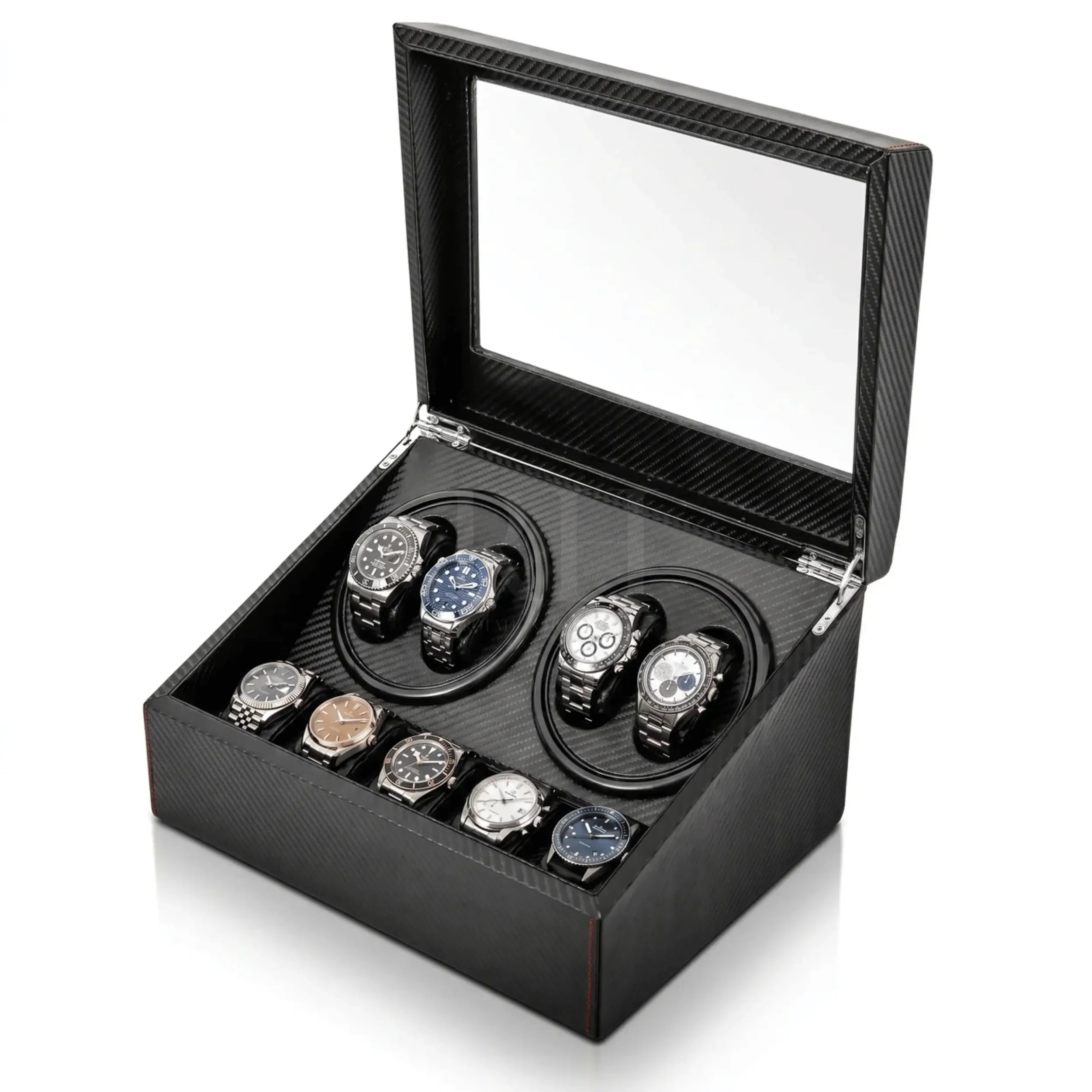 Monaco™ - Remontoir 4 Montres Automatiques Silencieux Carbone avec 6 Rangements Rotation Horlogere