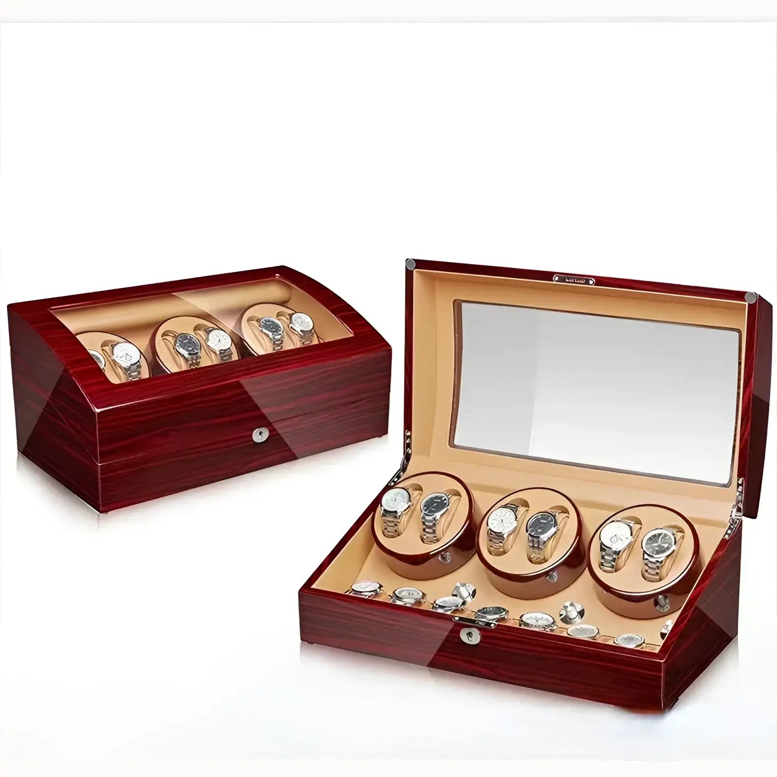 Remontoir Automatique pour 6 Montres - Chronos - Bois de Santal - Cuir Beige | Rotation Horlogère