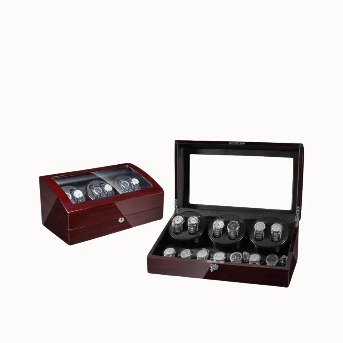 Remontoir Automatique pour 6 Montres - Chronos - Bois de Santal - Cuir Noir | Rotation Horlogère