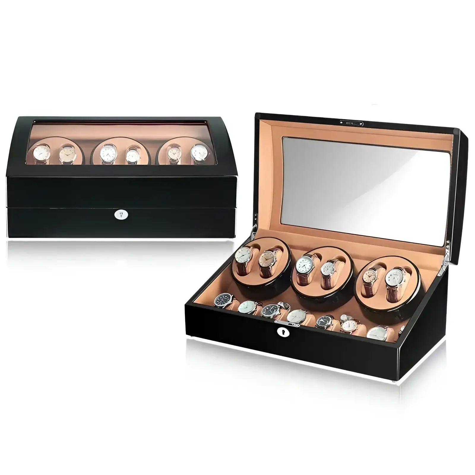 Remontoir Automatique pour 6 Montres - Chronos - Laqué Piano Noir - Cuir Beige | Rotation Horlogère