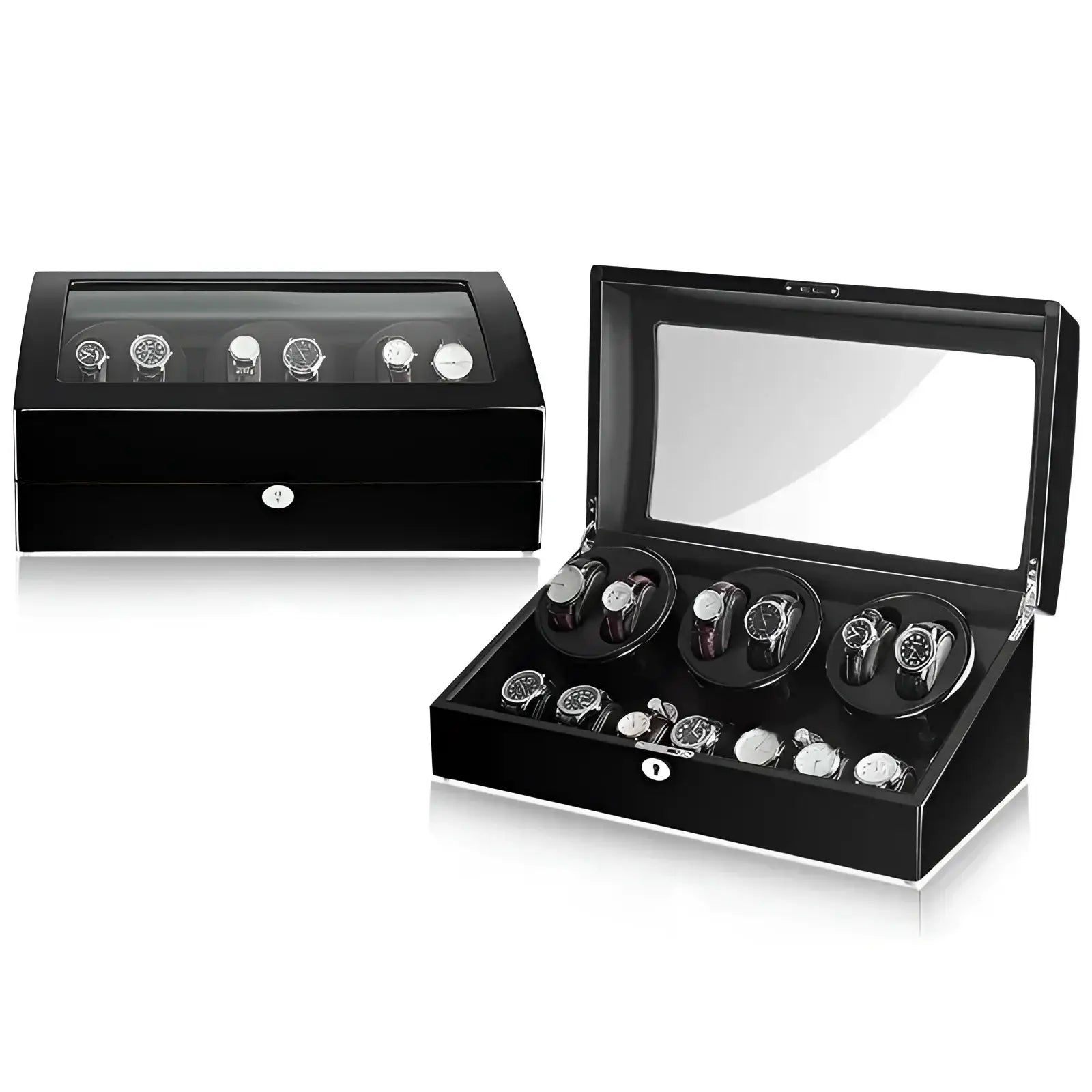 Remontoir Automatique pour 6 Montres - Chronos - Laqué Piano Noir - Cuir | Rotation Horlogère