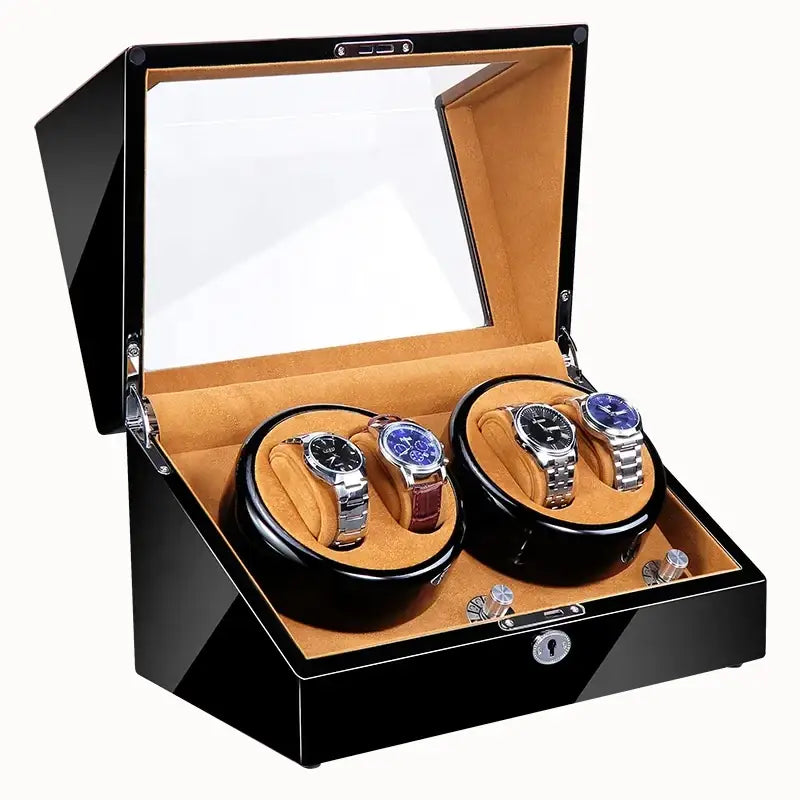 Remontoir de Montre Automatique - le Gardien du Temps - Laqué Piano Noir - Cuir Camel | Rotation Horlogère
