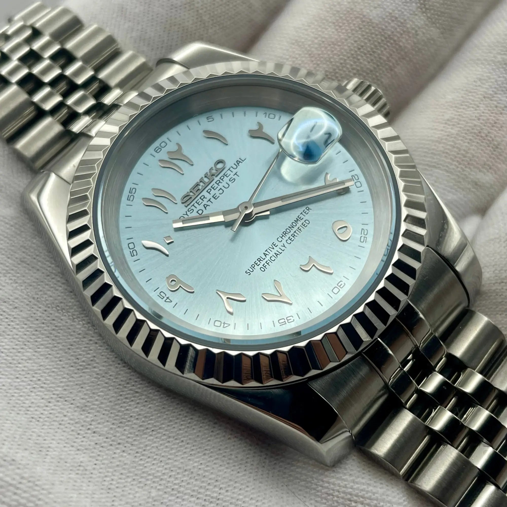 Seiko Mod DateJust Arabic Dial Turquoise Blue