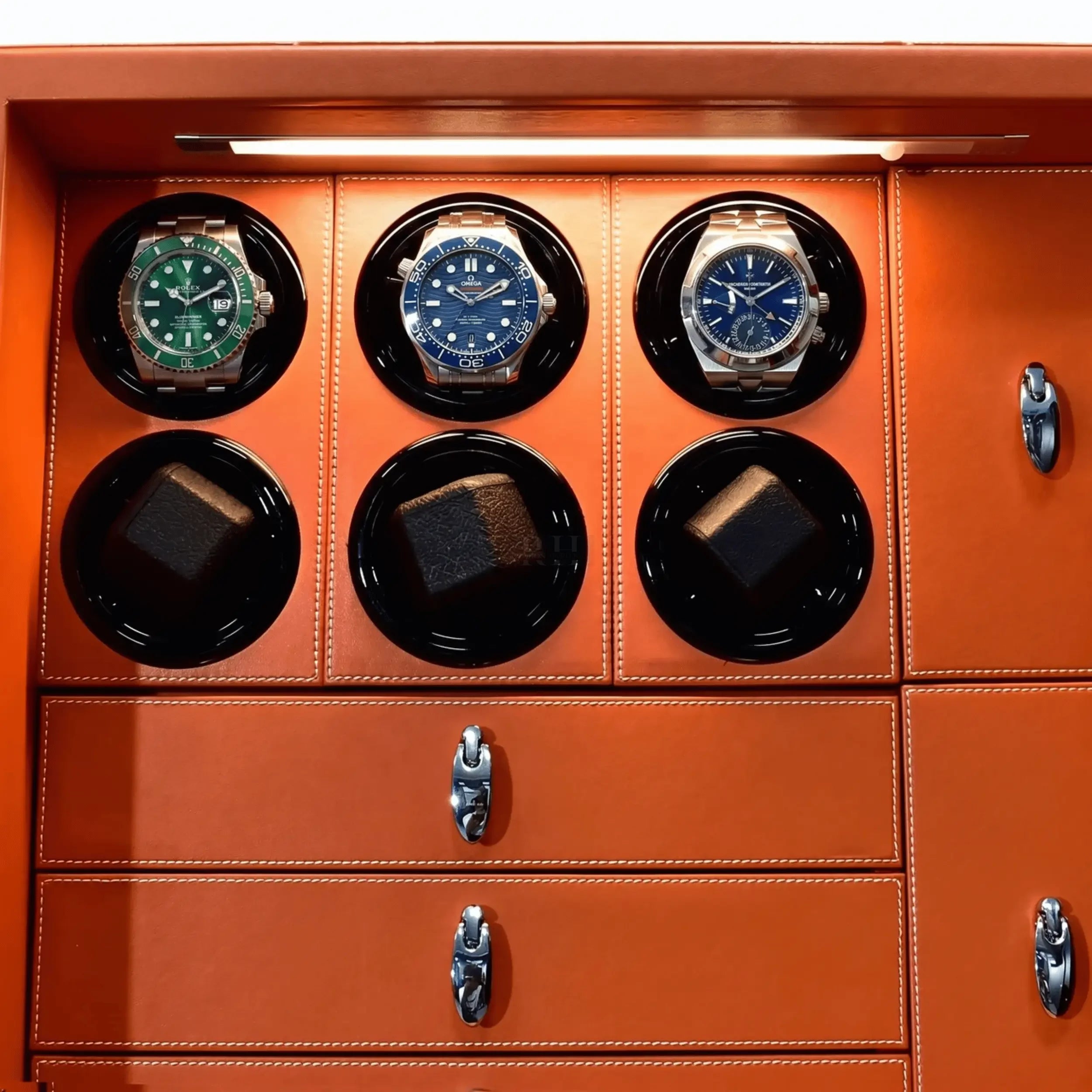 Bastion – Coffre Fort pour 6 montres automatiques orange vue interieure | Rotation Horlogere