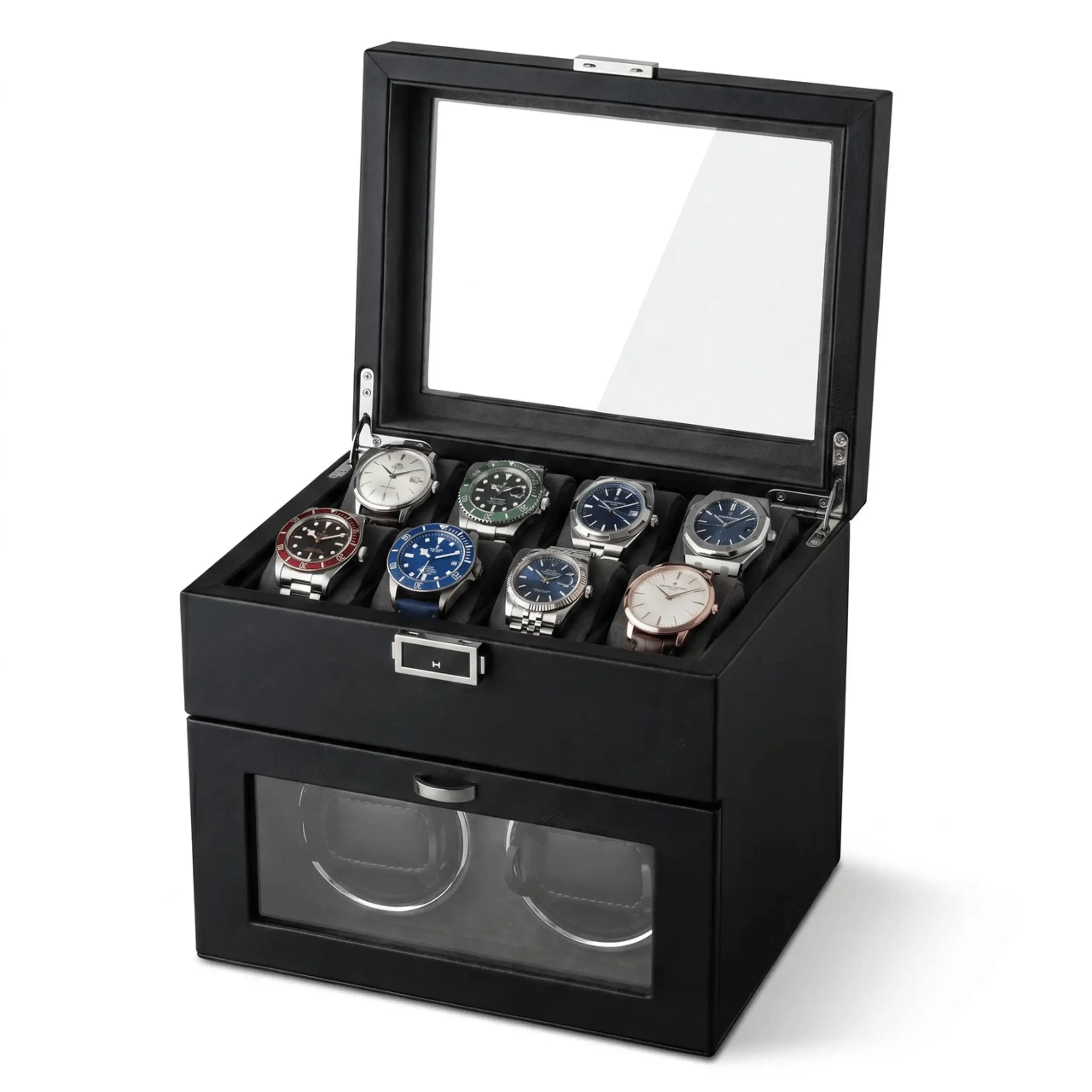 Coffret du Sellier™ - Remontoir 2 Montres Automatiques Noir avec 8 Rangements | Rotation Horlogere