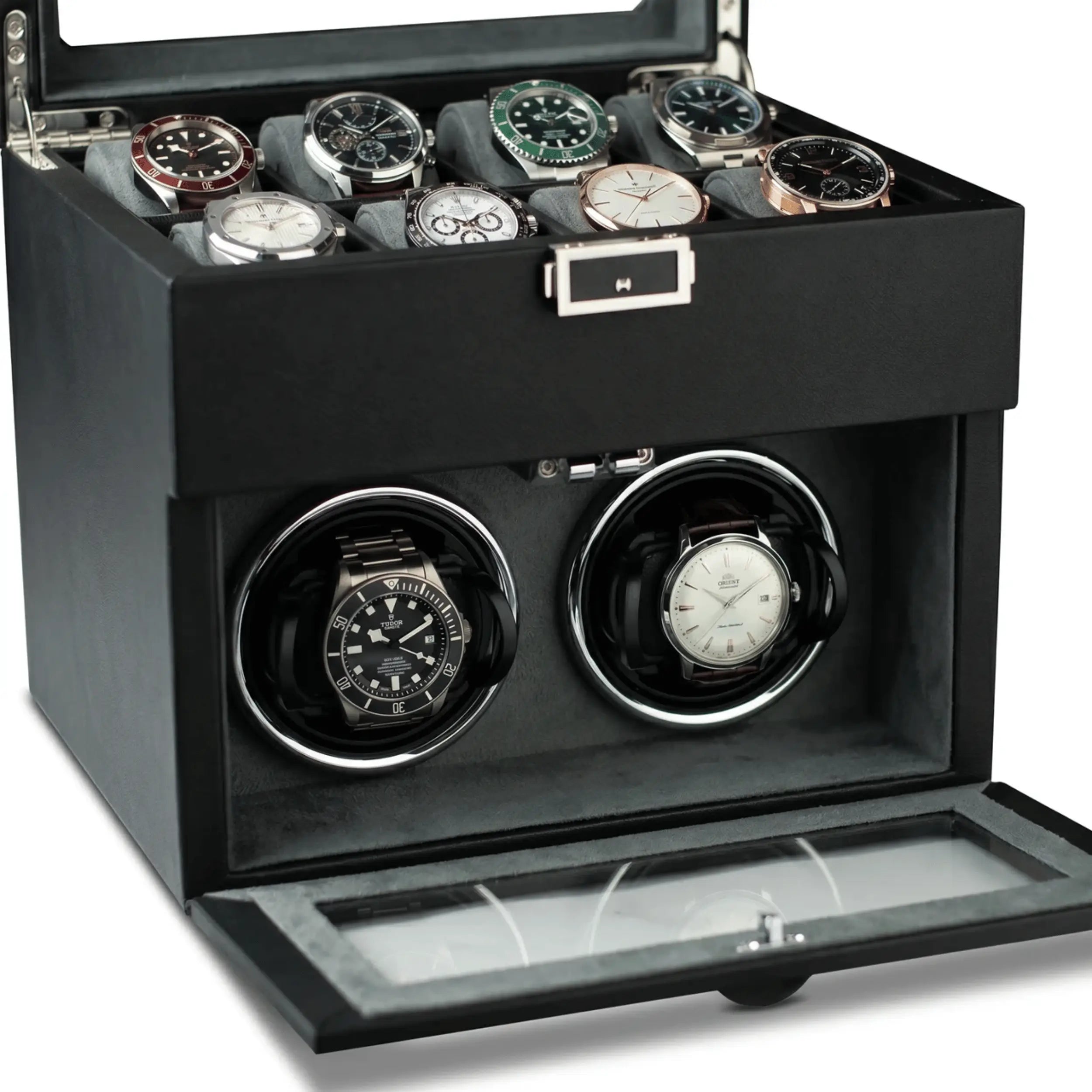 Coffret du Sellier™ - Remontoir 2 Montres Automatiques Noir avec 8 Rangements | Rotation Horlogere