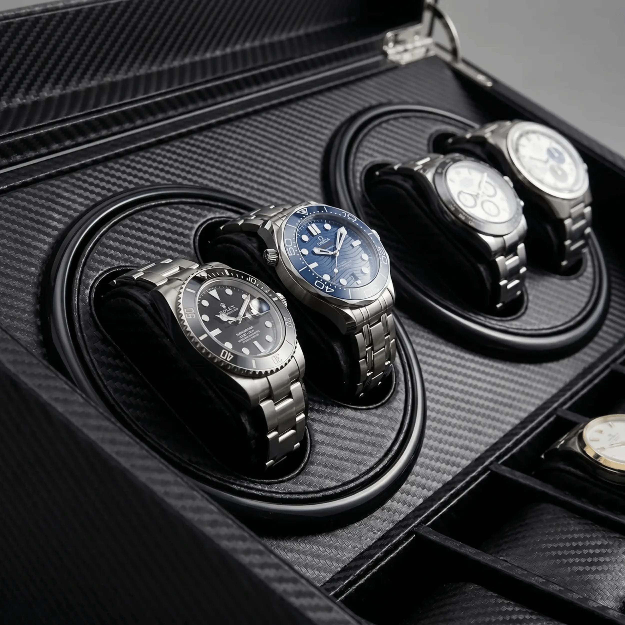 Monaco™ - Remontoir 4 Montres Automatiques Silencieux Carbone avec 6 Rangements | Rotation Horlogere