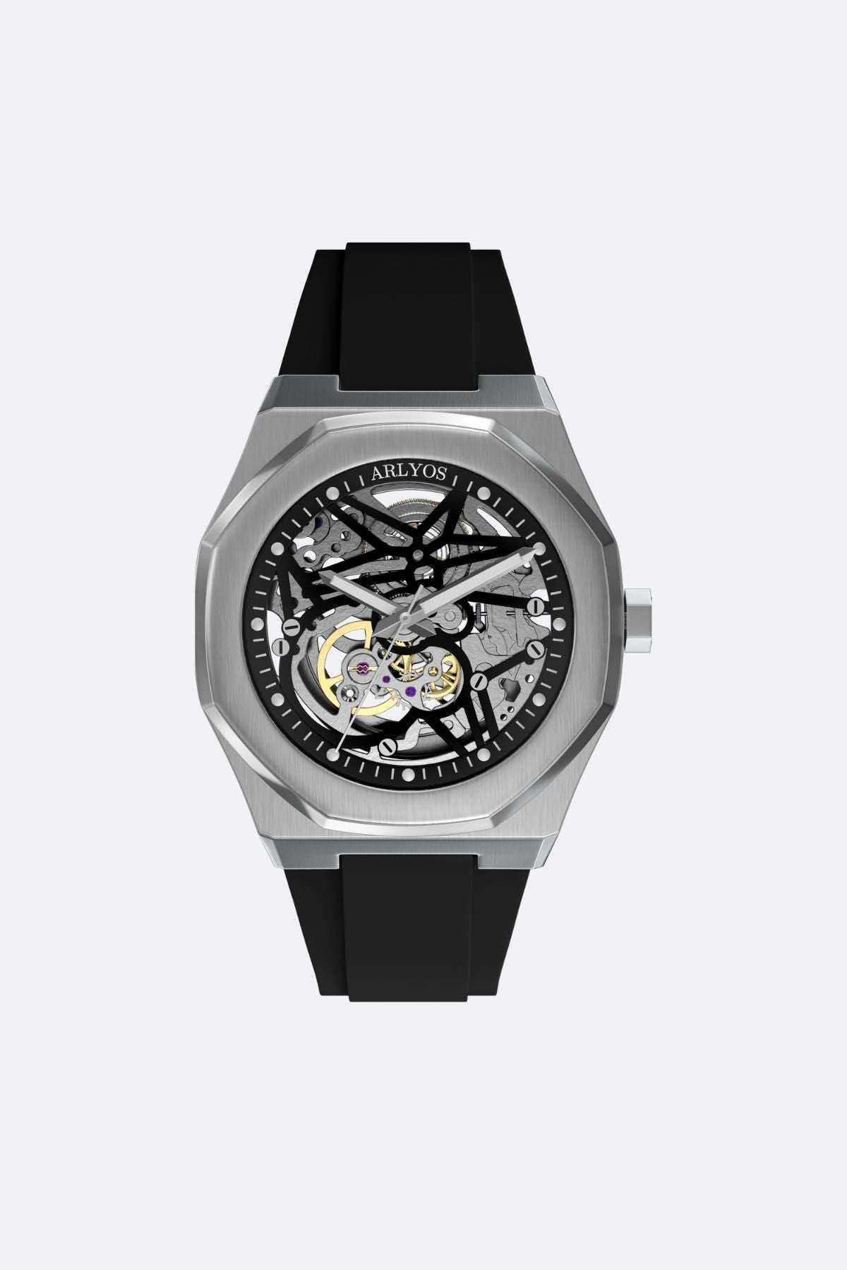 Arlyos apertura skeleton watch black rubber band front view