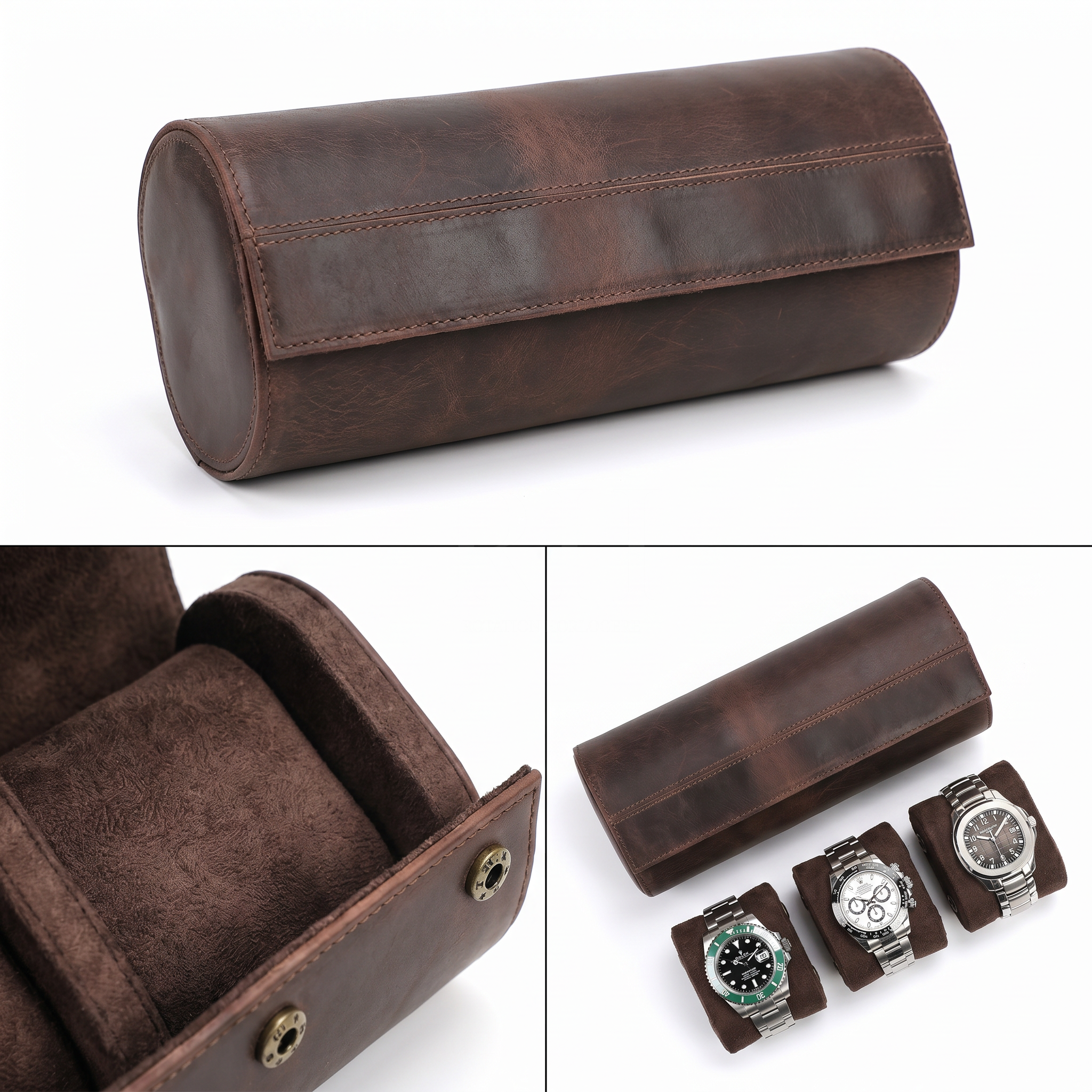 Boite à Montre de Voyage en Cuir Pleine Fleur Marron – Aléria™ 3 Montres - Rotation Horlogère