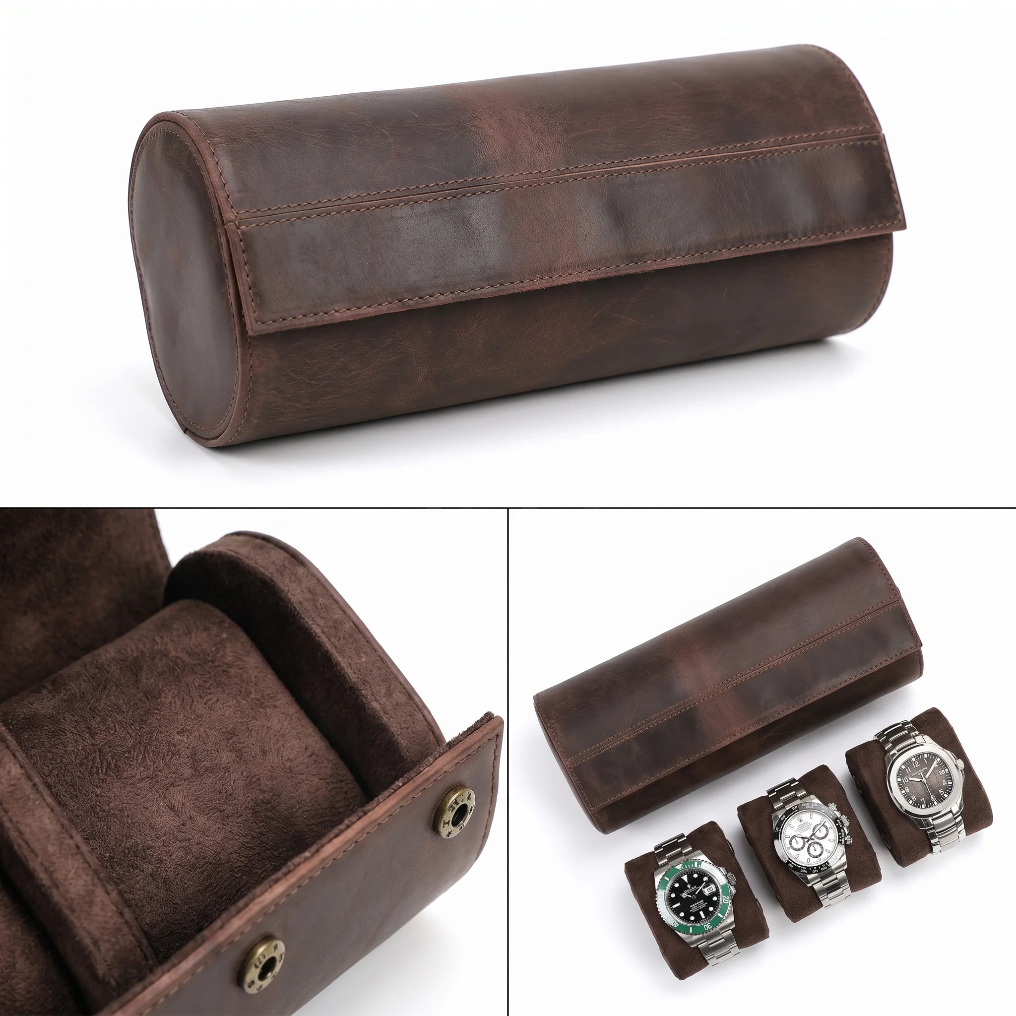 Boite à Montre de Voyage en Cuir Pleine Fleur Marron – Aléria™ 3 Montres - Rotation Horlogère