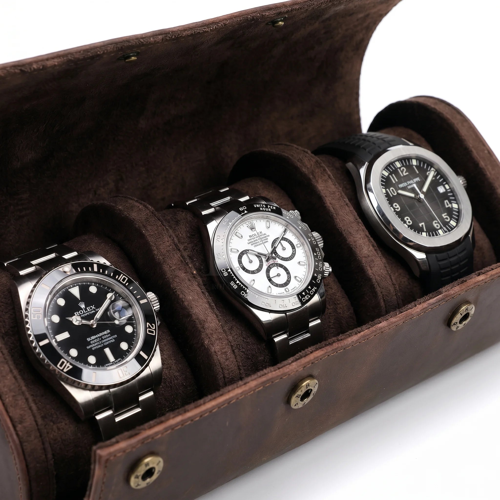 Boite à Montre de Voyage en Cuir Pleine Fleur Marron – Aléria™ 3 Montres - Rotation Horlogère