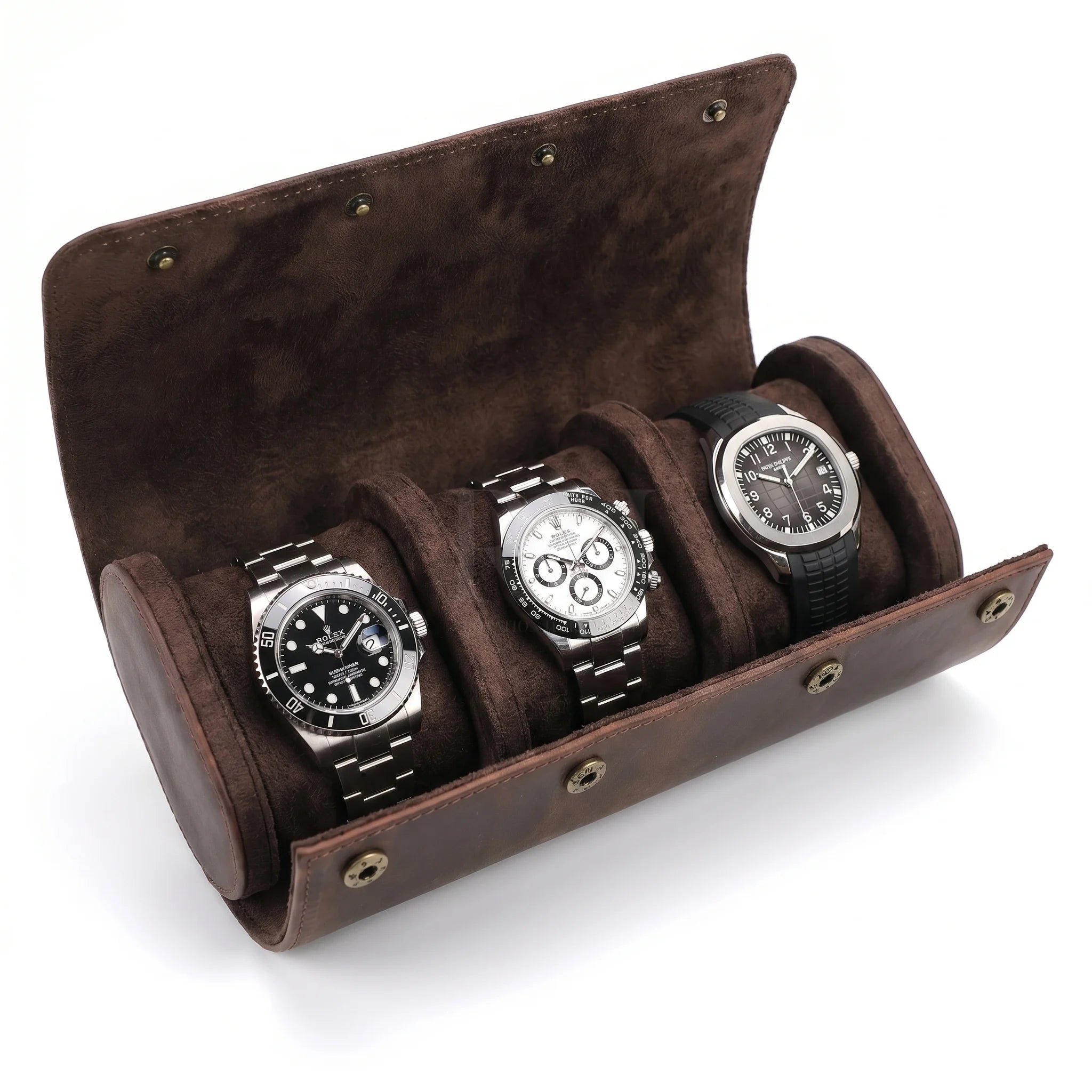 Boite à Montre de Voyage en Cuir Pleine Fleur Marron – Aléria™ 3 Montres - Rotation Horlogère