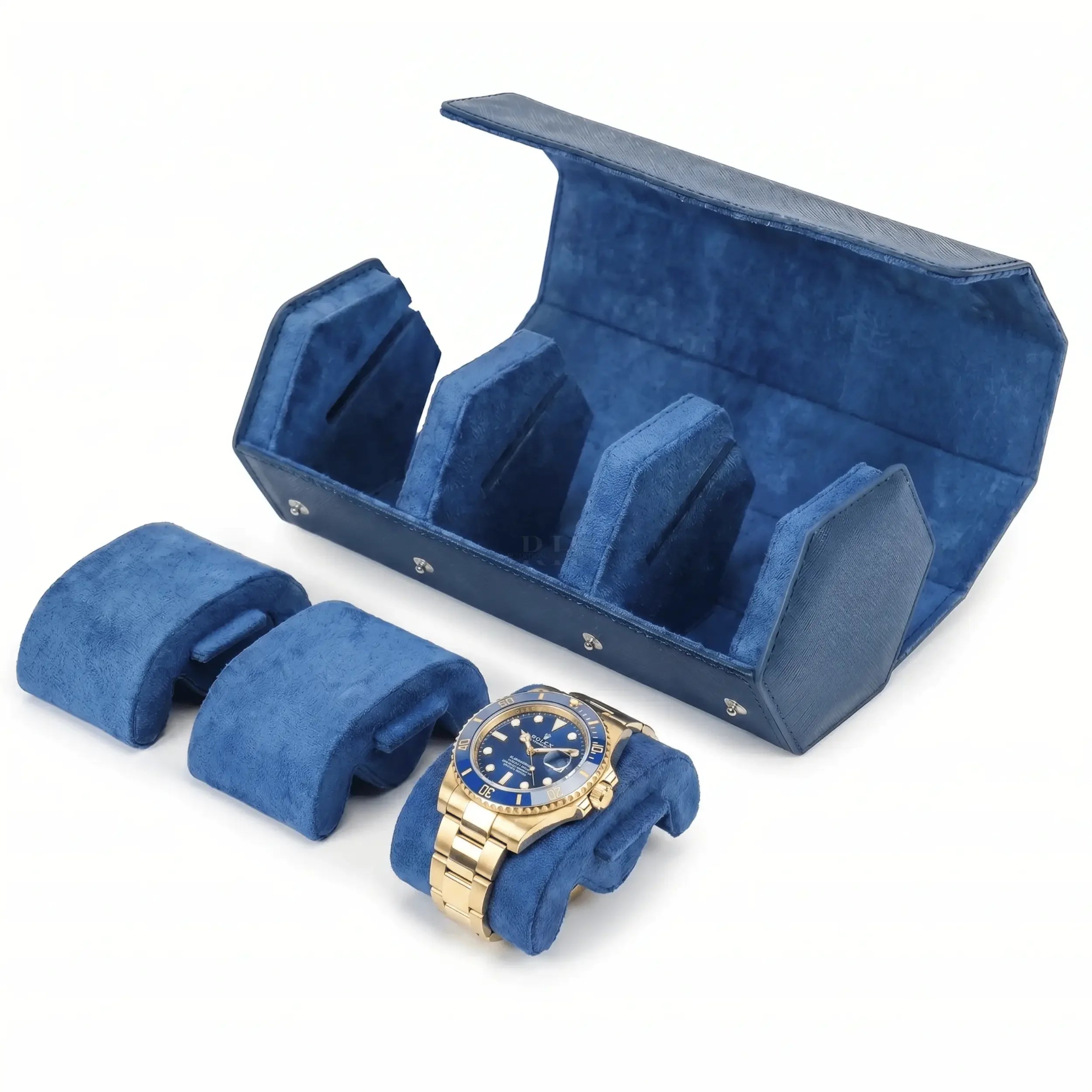 Boîte à Montre en Cuir Milano™, Saffiano Bleu pour 3 Montres - Rotation Horlogère