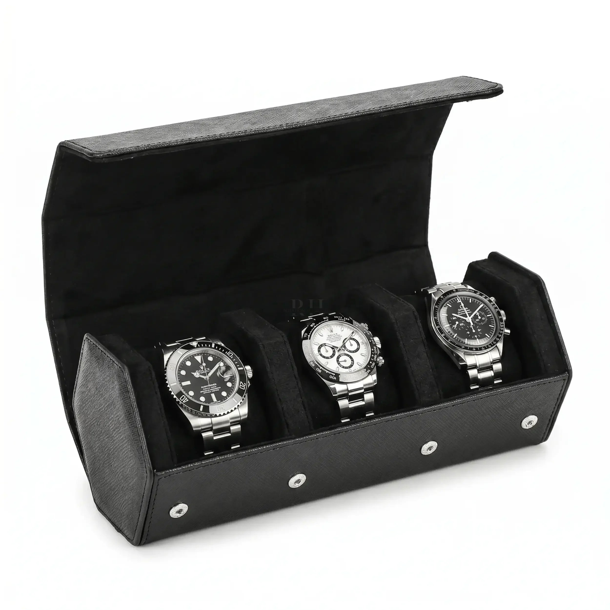 Boîte à Montre en Cuir Milano™, Saffiano Noir pour 3 Montres - Rotation Horlogère