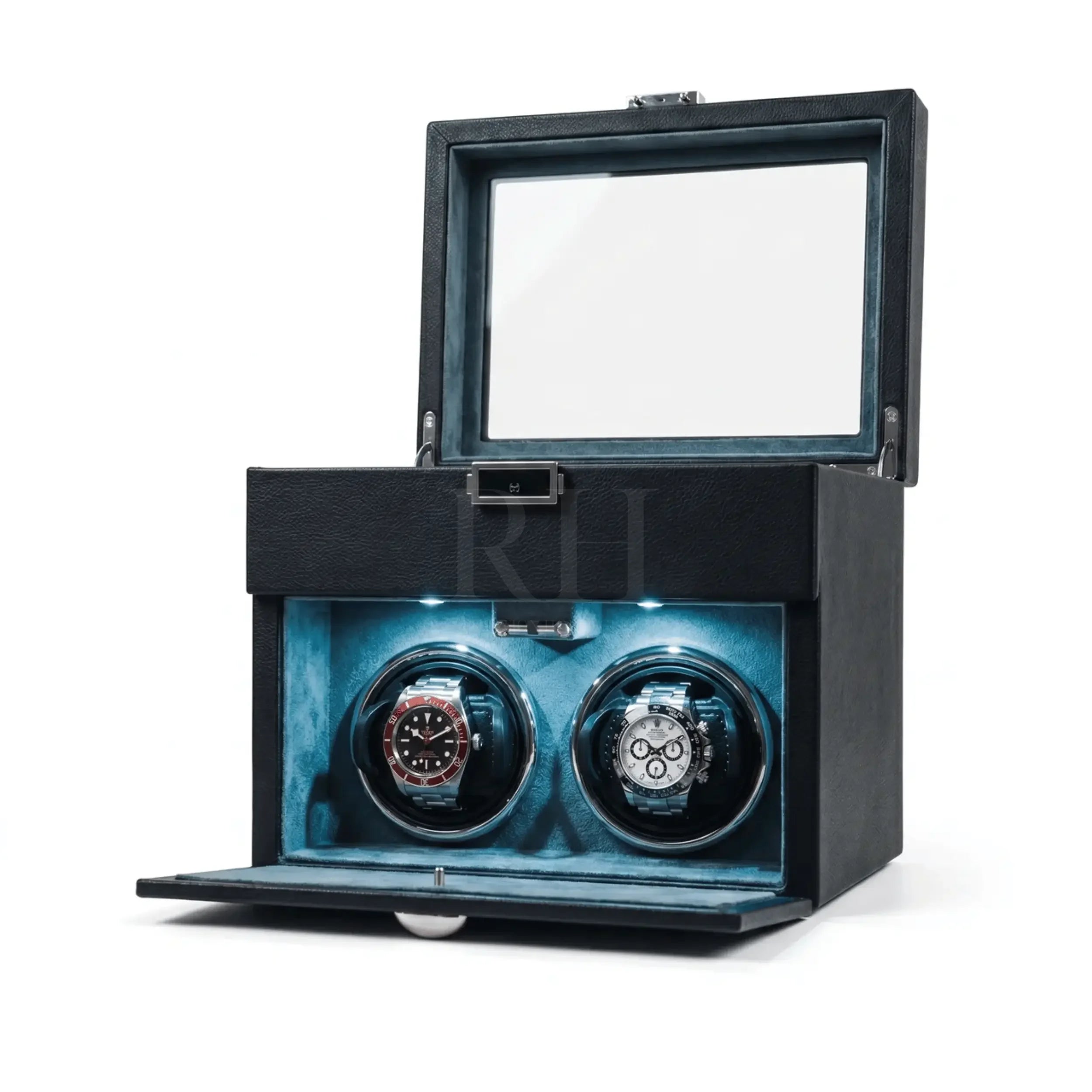 Coffret du Sellier™ - Remontoir 2 Montres Automatiques Noir avec 8 Rangements | Rotation Horlogere