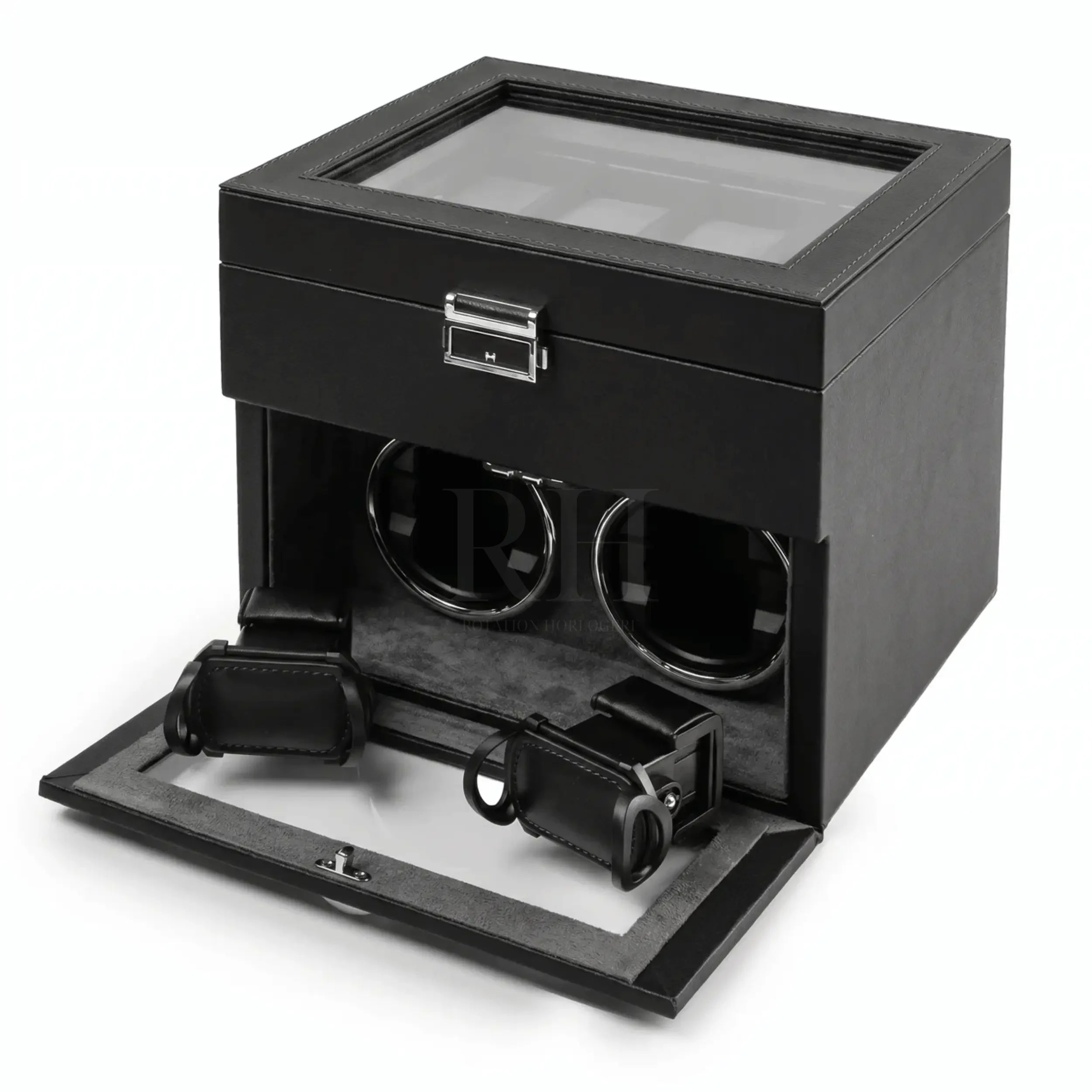 Coffret du Sellier™ - Remontoir 2 Montres Automatiques Noir avec 8 Rangements | Rotation Horlogere