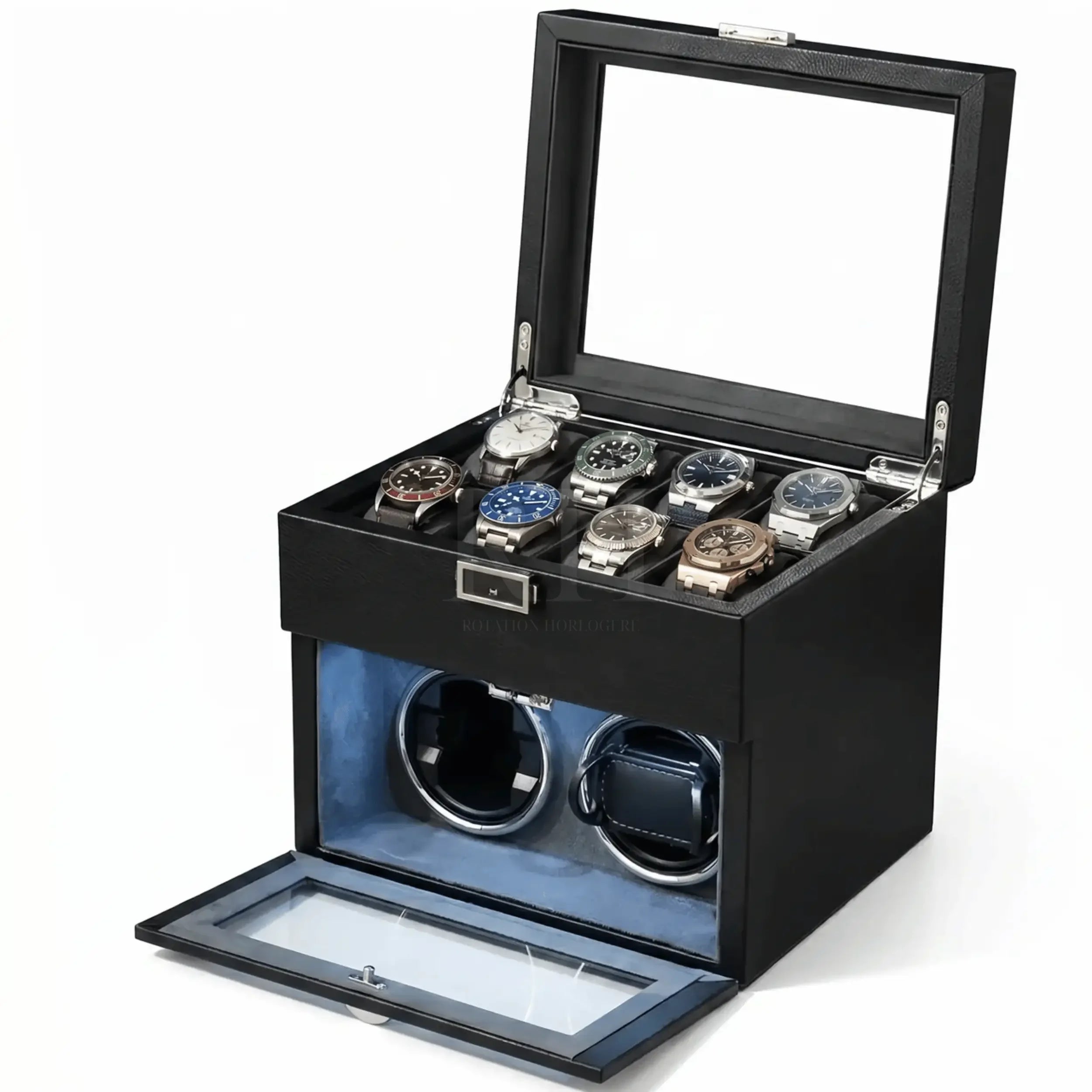 Coffret du Sellier™ - Remontoir 2 Montres Automatiques Noir avec 8 Rangements | Rotation Horlogere
