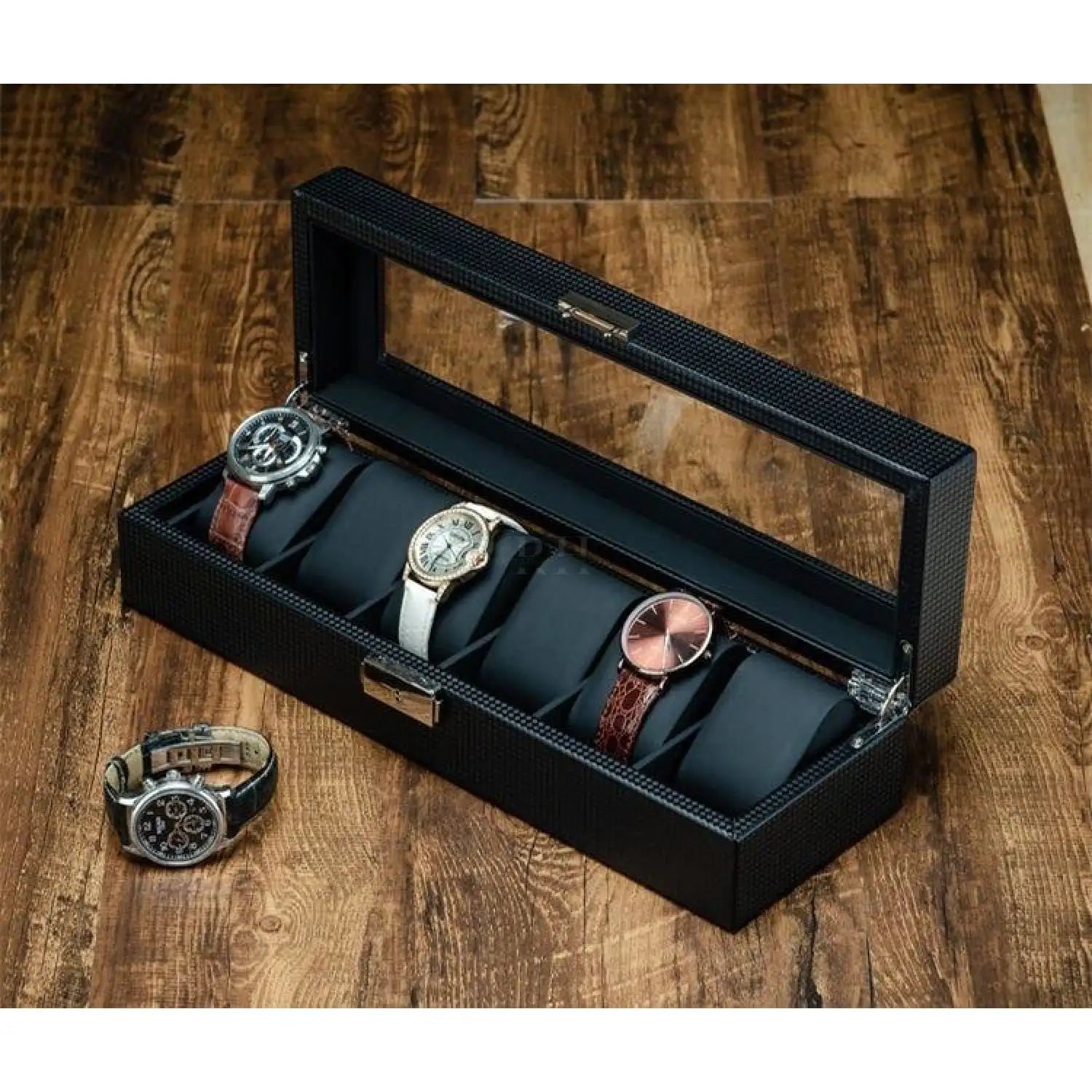 Coffret Montre Carbone - 6 Emplacements - Rotation Horlogère