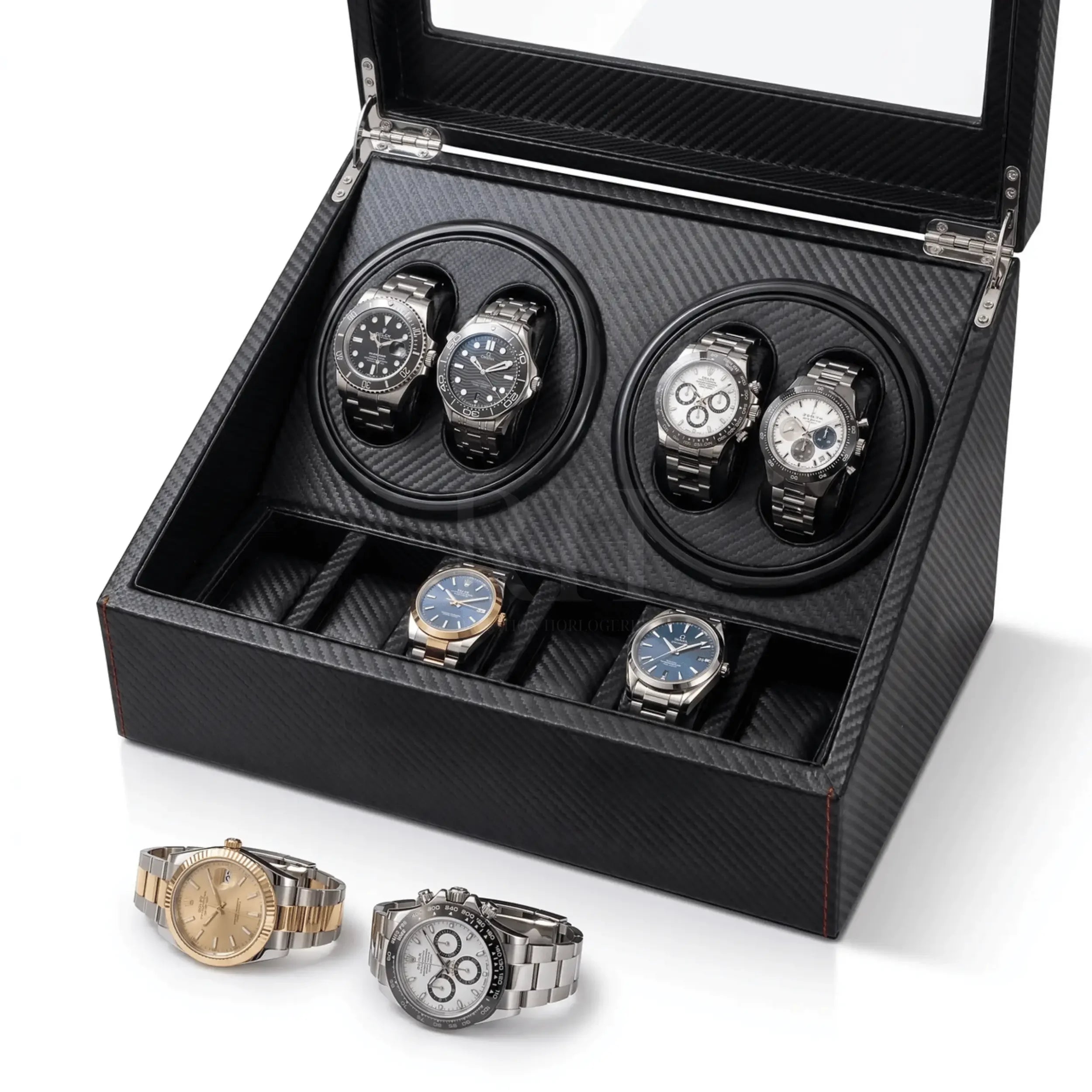 Monaco™ - Remontoir 4 Montres Automatiques Silencieux Carbone avec 6 Rangements | Rotation Horlogere
