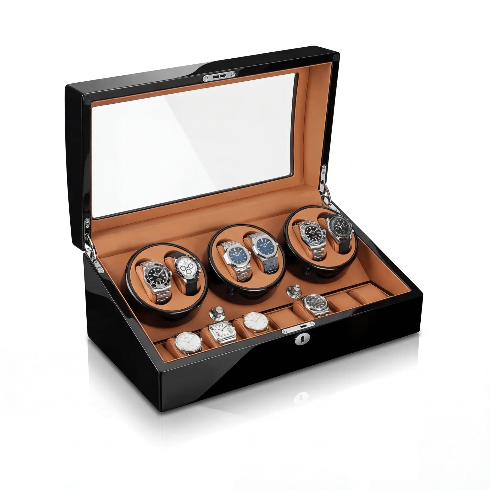 remontoir chronos pour 13 montres noir piano et interieur beige6+7 rotation horlogere 